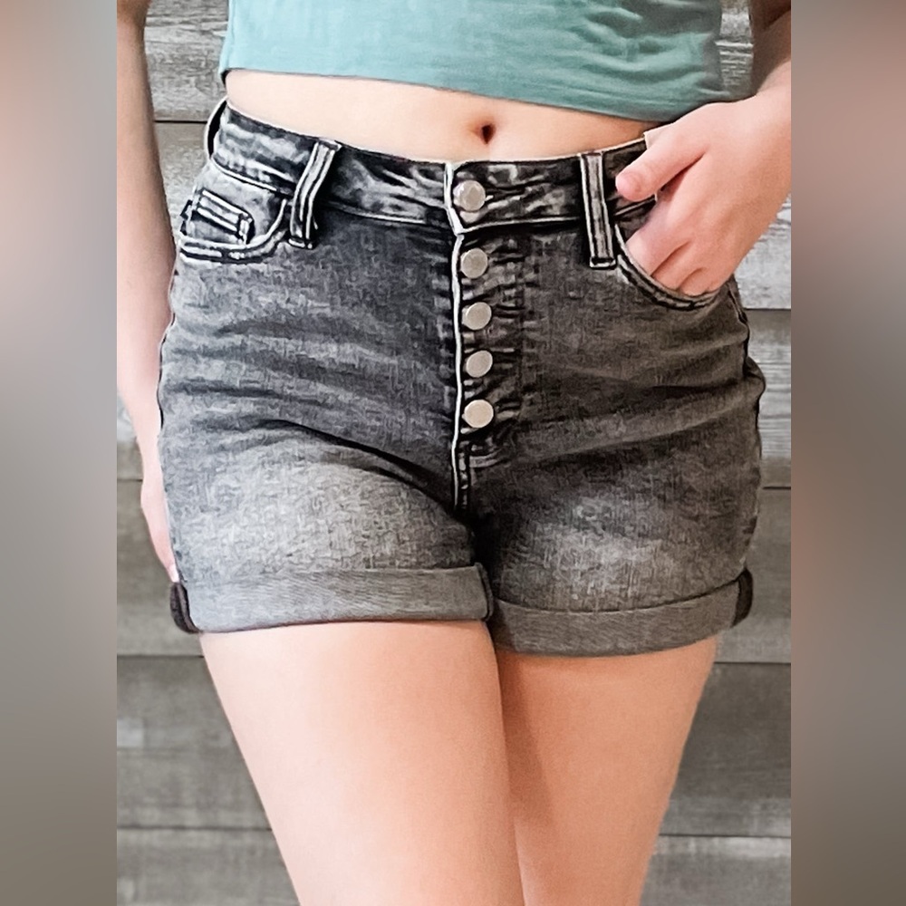 judy blue high waist button fly charcoal gray cuffed shorts